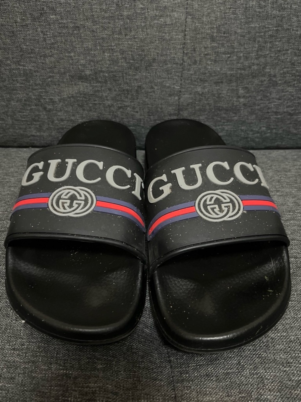 Gucci Black Slides with Red and Blue Stripe and Logo
